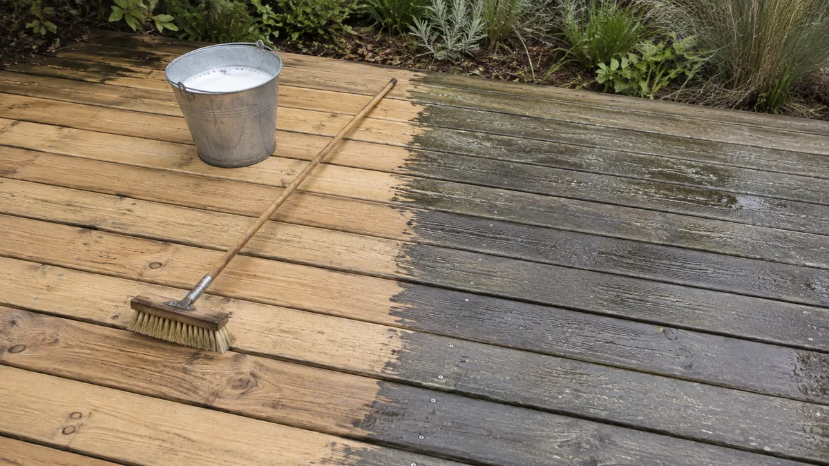 Brossage d'une terrasse en bois, brosse rigide et seau d'eau savonneuse sur des lames à moitié nettoyées