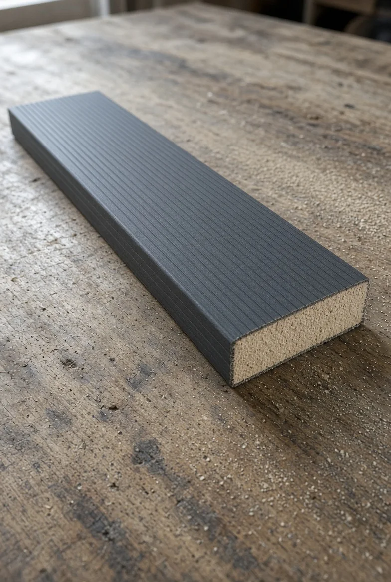 Tranche d'une lame de terrasse en bois composite co-extrudée, cœur clair et peau sombre