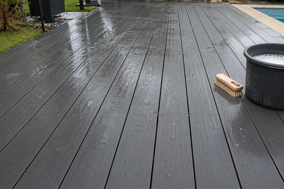Lavage de lames de terrasse en bois composite à la brosse et à l'eau savonneuse