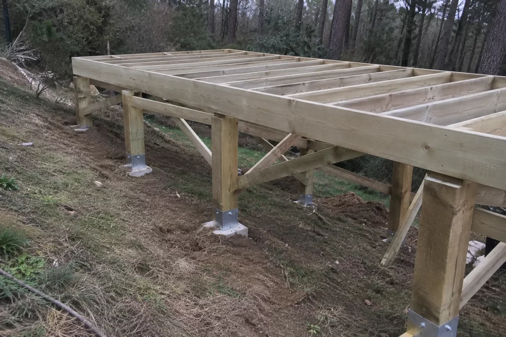 Ossature d'une terrasse en bois sur pilotis : poteaux sur sabots métalliques et solives sur chant
