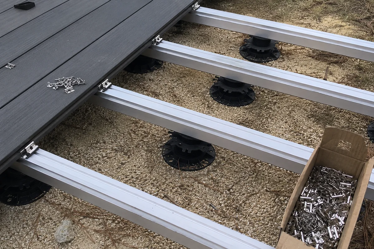 Lambourdes aluminium sur plots réglables et clips inox avant pose des lames composite