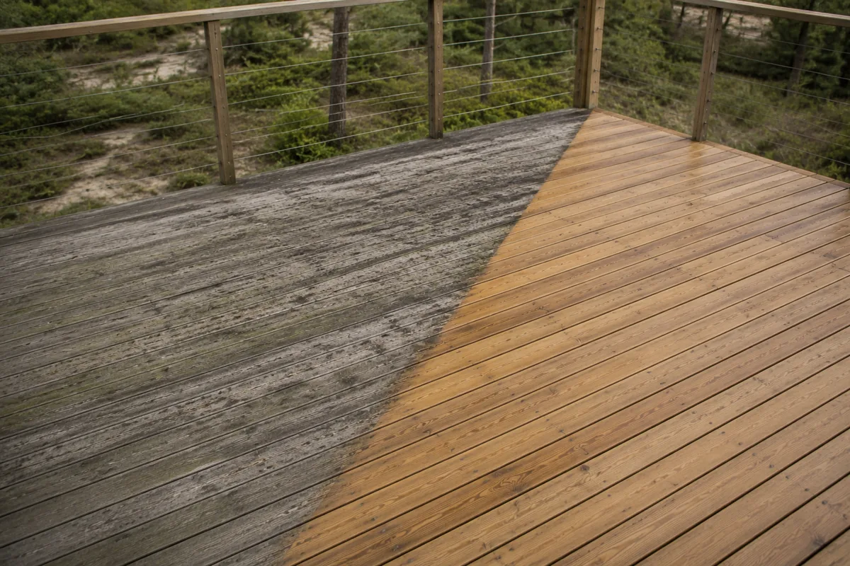 Terrasse en bois grise et encrassée à gauche, nettoyée et redevenue miel à droite