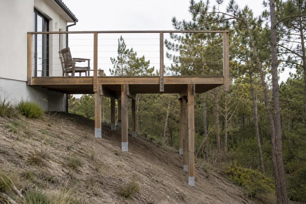 Terrasse en bois sur pilotis rattrapant une pente de terrain, poteaux de hauteurs différentes